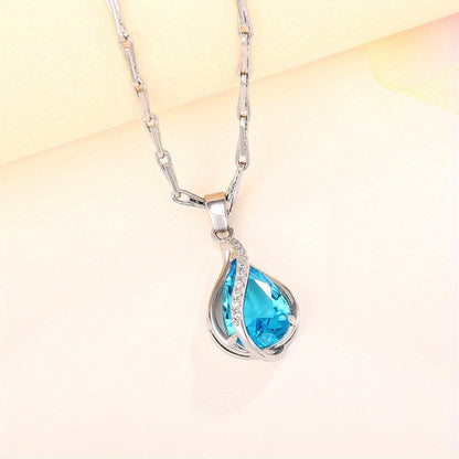 925 Silver Plated Teardrop Cut Aquamarine Gemstone Pendant Necklace